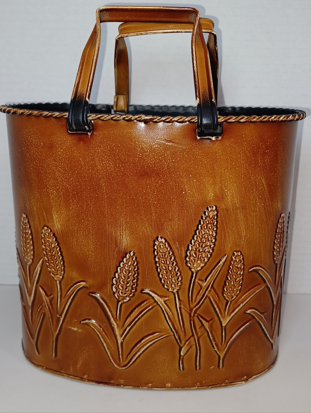 Rustic Distressed Embossed Wheat Corn Metal Bucket Tote With Metal Handles.